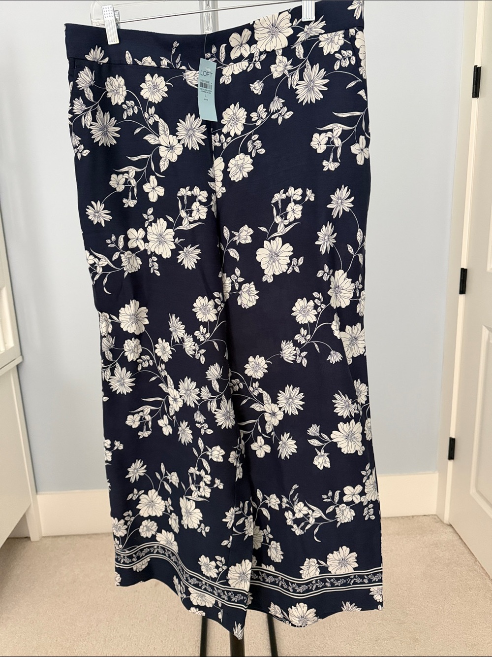 LOFT Navy and White Floral Wide-Leg Trousers